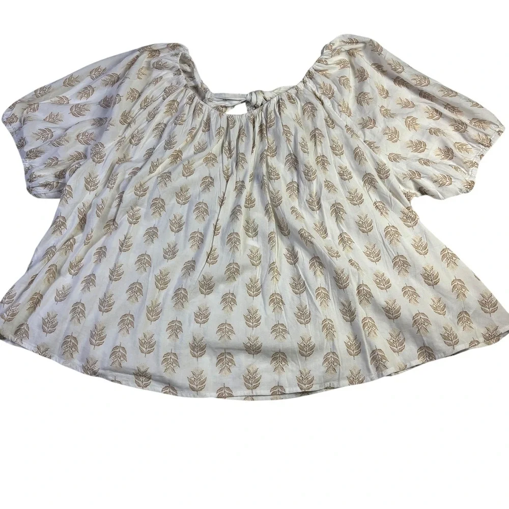 Old Navy Women's 4X Off Shoulder Puff Sleeve Blouse‎ Gold Leaf Print Tie Back